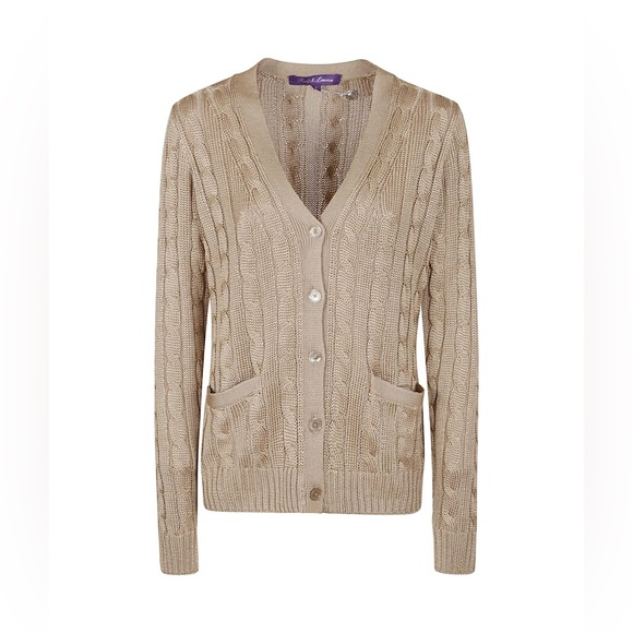 RALPH LAUREN COLLECTION BROWN SILK CABLE KNIT CARDIGAN - Picture 7 of 11